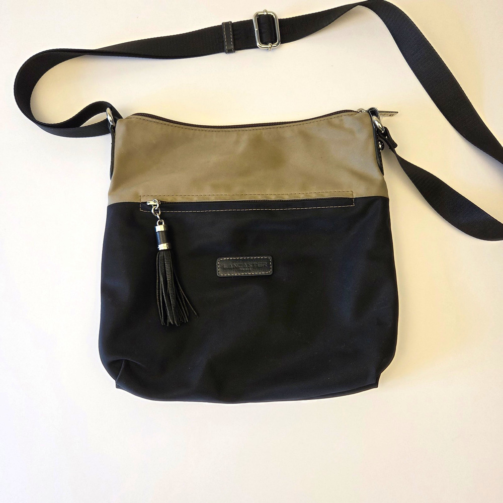 Lancaster Paris Basic Pompon Nylon Hobo Crossbody Bag Black Taupe